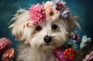 ai gegenereerd Maltipoo in bloemen. moeder dag kaart foto