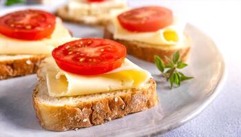 ai gegenereerd kaas en tomaat boterhammen Aan een bord foto