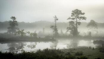 ai gegenereerd een nevelig ochtend- in de moeras foto