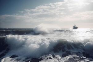 ai gegenereerd het zeilen boot Aan gevaarlijk oceaan golven. genereren ai foto