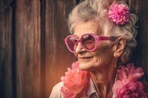 ai gegenereerd glimlachen senior vrouw met roze zonnebril en bloemen. genereren ai foto