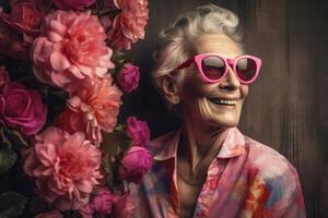 ai gegenereerd positief senior vrouw vervelend roze zonnebril. genereren ai foto
