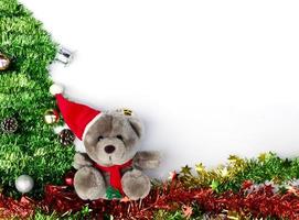 teddy met kerstmuts en dennentakken decoratie op een witte achtergrond foto