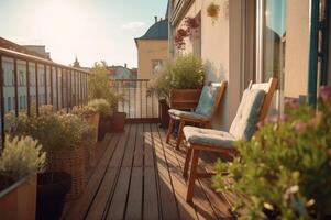ai gegenereerd balkon terras met stoelen en natuurlijk decoratie in de ochtend- zonovergoten. genereren ai foto