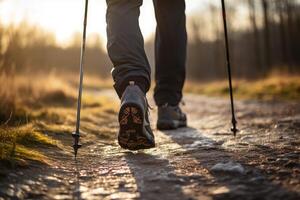 ai gegenereerd buitenshuis Mens beoefenen nordic wandelen met polen buitenshuis. genereren ai foto