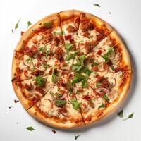 ai gegenereerd top visie van pizza geïsoleerd Aan wit achtergrond. foto voor restaurant menu, reclame, levering, banier