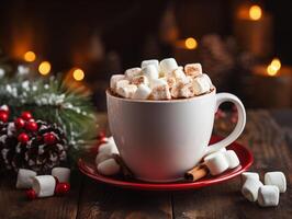 ai gegenereerd chocola heet cacao in mok met marshmallows. Kerstmis winter decoraties. knus winter atmosfeer foto