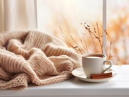 ai gegenereerd knus en feestelijk sfeer.a warm, uitnodigend winter atmosfeer, koffie, kaarsen en een comfortabel deken door de venster. foto