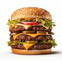 ai gegenereerd dubbele decker hamburger met allemaal de klassiek bevestigingen, inclusief sla, tomaat, kaas, en specerijen. smakelijk hamburger geïsoleerd Aan wit achtergrond. banier, ptomotion, menu foto