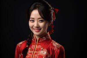 ai gegenereerd mooi Chinese vrouw vervelend rood traditioneel kleren met generatief ai foto