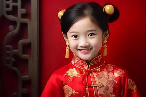 ai gegenereerd een jong Chinese meisje vervelend rood Chinese traditioneel jurk met generatief ai foto