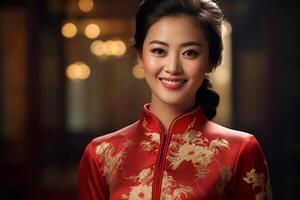 ai gegenereerd mooi Chinese vrouw vervelend rood traditioneel kleren bokeh stijl achtergrond met generatief ai foto