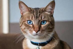 ai gegenereerd een schattig kat met blauw ogen vervelend een halsband foto