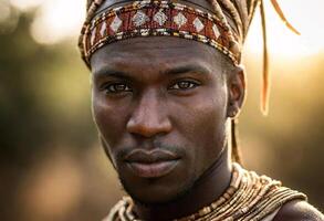 ai gegenereerd een jong maasai Mens met ingewikkeld kralenwerk en vlechtjes, vervelend traditioneel maasai kleding en sieraden. foto