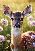 ai gegenereerd detailopname portret van een hert in natuur met bloeiend planten foto