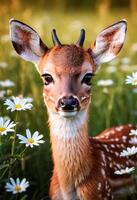 ai gegenereerd detailopname portret van een hert in natuur met bloeiend planten foto