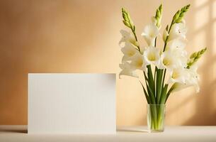 ai gegenereerd een boeket van wit gladiolen bloemen en een leeg wit ansichtkaart met een leeg plaats voor de opschrift foto