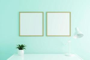 verticale houten poster frame mockup op werktafel in woonkamer interieur op lege witte kleur muur achtergrond. 3D-rendering. foto