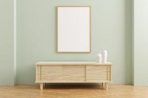 verticale houten poster frame mockup op houten tafel in woonkamer interieur op lege pastel kleur muur achtergrond. 3D-rendering. foto