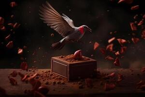 ai gegenereerd vogel en stuk van donker chocola Aan cacao poeder. neurale netwerk ai gegenereerd foto