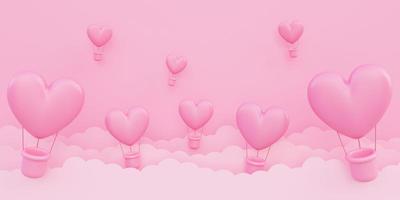 Valentijnsdag, liefde concept achtergrond, roze 3d hartvormige heteluchtballonnen vliegen in de lucht met papieren wolk