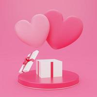 Valentijnsdag, liefde concept achtergrond, 3d geopende geschenkdoos op rond podium met roze hartvorm