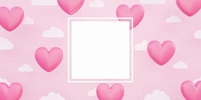 Valentijnsdag, 3d illustratie roze hartvormige ballonnen zwevend in de lucht met papieren wolk