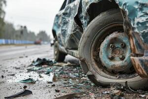 ai gegenereerd vastleggen de nasleep van een auto ongeluk met een gebroken voertuig, markeren de belang van weg veiligheid en voorzichtigheid foto