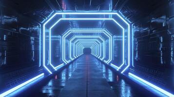 ai gegenereerd drie dimensionaal geven van donker futuristische gang verlichte door blauw neon lichten foto