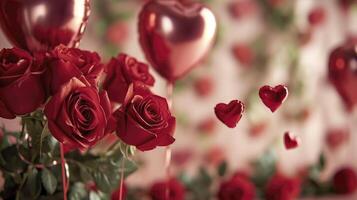 ai gegenereerd Valentijn sfeer met rozen en hart ballonnen foto
