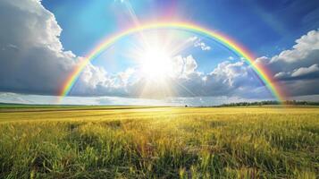 ai gegenereerd regenboog met zonneschijn over- de veld- foto