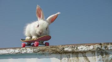 ai gegenereerd een konijn skateboarden foto