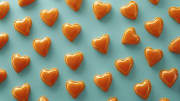 ai gegenereerd herhalen tegel patroon van oranje liefde volumetrisch even uit elkaar geplaatst harten Aan een turkoois achtergrond foto