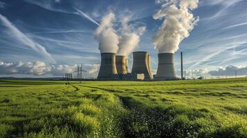 ai gegenereerd nucleair macht fabriek met groen veld- foto