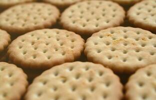 gedetailleerd afbeelding van ronde belegd broodje koekjes met kokosnoot vulling. achtergrond beeld van een detailopname van meerdere behandelt voor thee foto