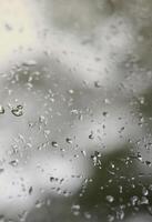 een foto van regen druppels Aan de venster glas met een wazig visie van de bloeiende groen bomen. abstract beeld tonen bewolkt en regenachtig weer voorwaarden