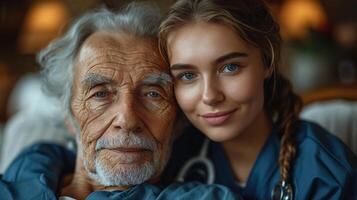 ai gegenereerd professioneel zorg Bij huis, een jong verpleegster woont . bij naar een senior Mens, zorgen voor Gezondheid ondersteuning en medelevend ouderenzorg in een comfortabel instelling, verpleging en verzorger concept foto