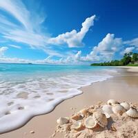 ai gegenereerd zonnig tropisch strand zee schelpen foto