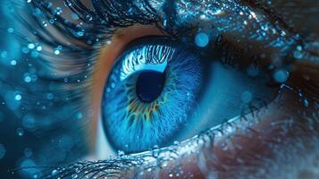 ai gegenereerd blauw oog toekomst visie banier menselijk oog technologie futuristische achtergrond breed foto