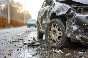 ai gegenereerd vastleggen de nasleep van een auto ongeluk met een gebroken voertuig, markeren de belang van weg veiligheid en voorzichtigheid foto