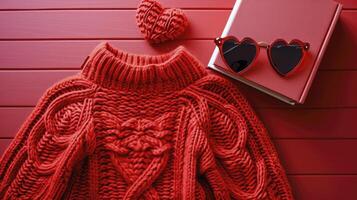 ai gegenereerd top visie rood trui en boek, zonnebril voor Valentijnsdag dag. foto