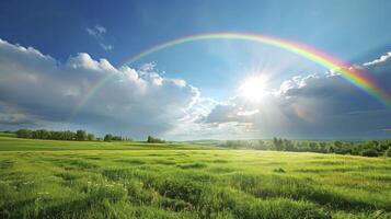 ai gegenereerd regenboog met zonneschijn over- de veld- foto