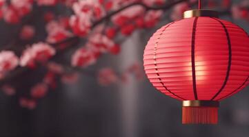ai gegenereerd Chinese nieuw jaar rood papier lantaarns met kers bloesem. foto