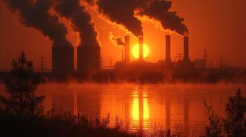 ai gegenereerd rook emitting fabriek Bij wateren rand foto