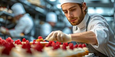 ai gegenereerd chef decoreren taart met precisie foto