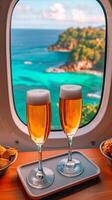 ai gegenereerd luxe lucht reizen. roosteren met Champagne over- tropisch kustlijn foto