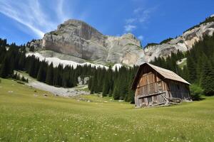 ai gegenereerd rustiek houten hut in alpine weide Aan zonnig dag foto