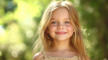 ai gegenereerd stralend jong meisje glimlachen buitenshuis Aan een zonnig dag foto