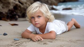 ai gegenereerd jong jongen genieten van de zand Aan de strand foto