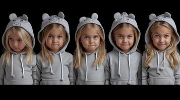ai gegenereerd jong meisje exposeren een reeks van emoties in dier capuchon foto